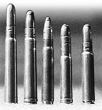 L - R: .375 H&H Flanged Magnum; .375 H & H Belted Magnum; 9,3 x 62 Mauser; .400/.375 H & H Belted NE; 9,5 M - S.