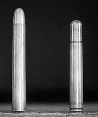 The .450 N.E. (L), next to the<br /> .458, its modern counterpart.